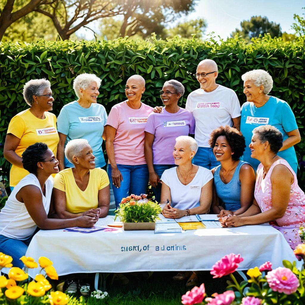 An uplifting scene depicting diverse cancer survivors sharing stories in a sunny garden, embodying hope and resilience. Include symbols of advocacy, such as ribbons and banners, alongside vibrant flowers and inspirational quotes in the background. The individuals should be smiling and engaging in conversation, radiating positivity and strength. super-realistic. vibrant colors. natural sunlight.