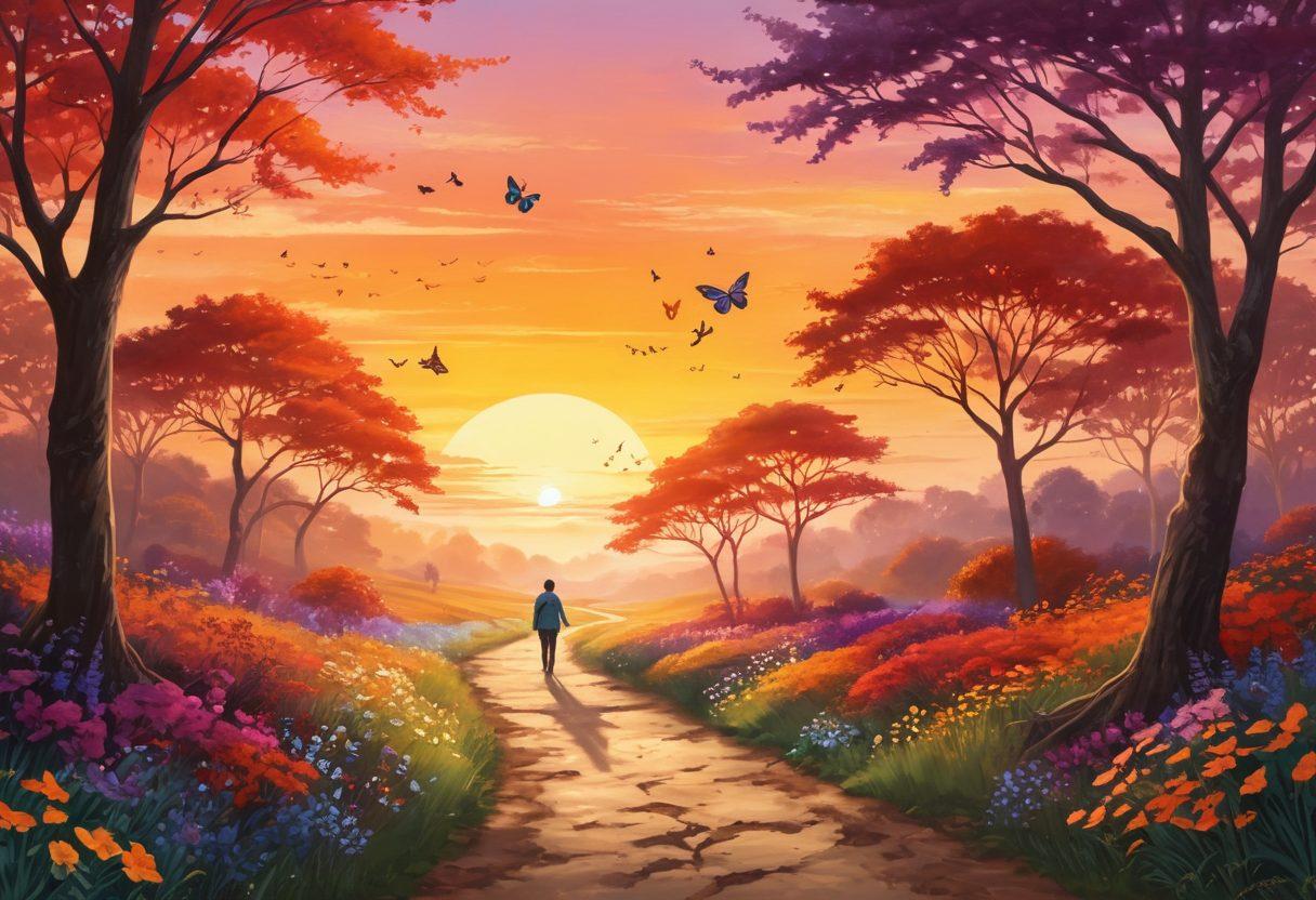 A serene landscape depicting a vibrant sunrise over a peaceful path, symbolizing hope and healing. Include silhouettes of diverse individuals walking together, sharing stories, with gentle trees and flowers along the way. In the foreground, a butterfly represents transformation and resilience. Warm colors reflecting optimism and strength. super-realistic. vibrant colors.