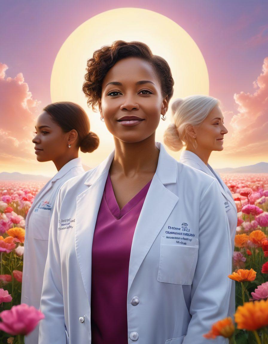 A powerful portrayal of diverse cancer survivors standing together, radiating strength and hope, with vibrant colors symbolizing resilience. The background features a soft, dreamy landscape of blooming flowers and a rising sun, representing new beginnings. Include elements like supportive healthcare professionals in white coats and warm smiles, alongside symbols of awareness like ribbons. The scene captures a moment of camaraderie and inspiration within the oncology community. super-realistic. vibrant colors. soft focus.